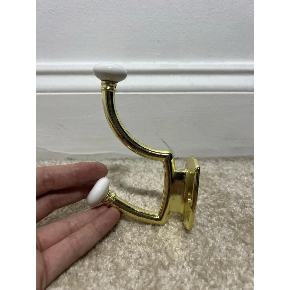 2 Vintage Metal Gold Wall Mount Coat Towel Double Hook Hanger Porcelain Knobs